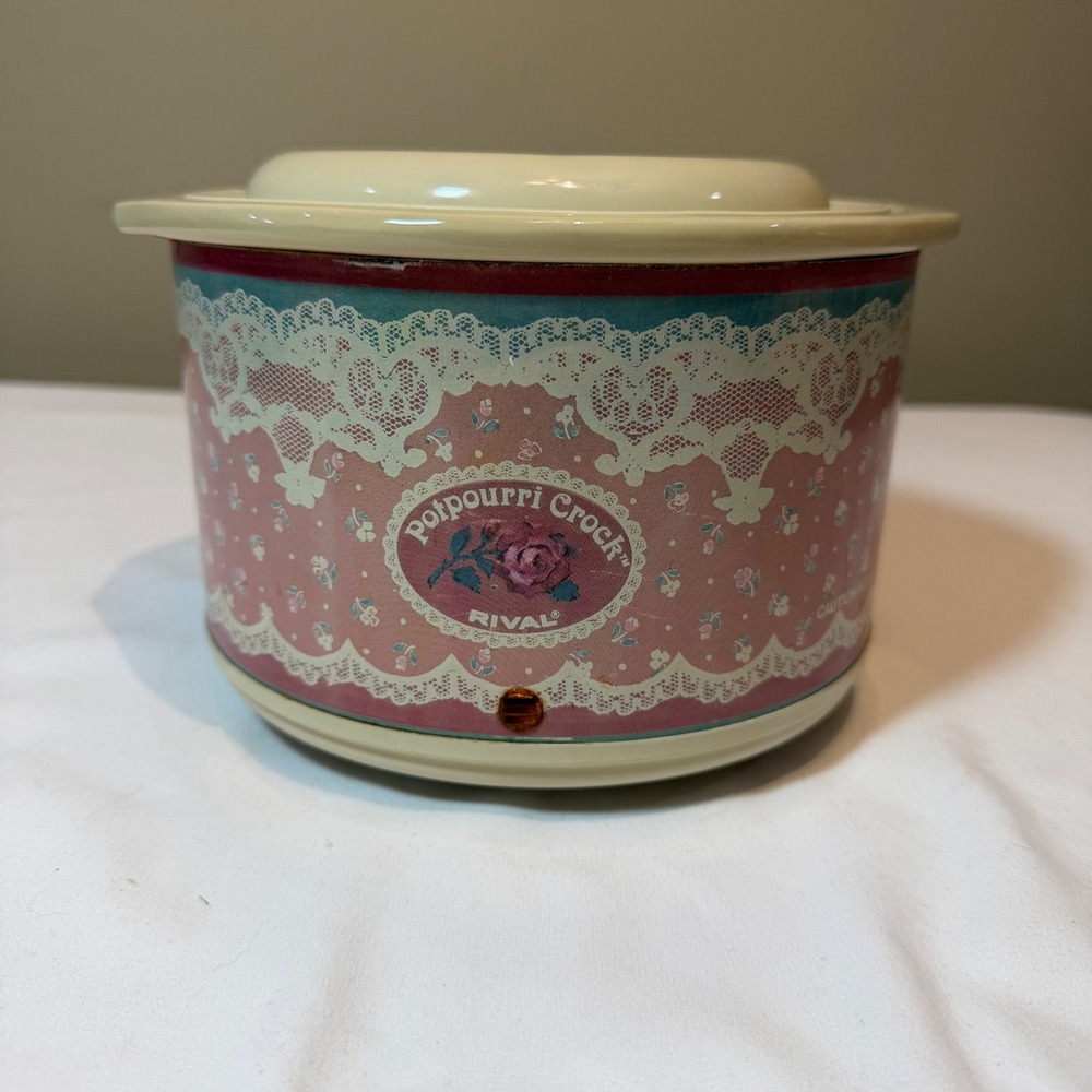 Vintage Rival Potpourri Crock Electric Simmer Pink Floral Lace Pattern no Heat